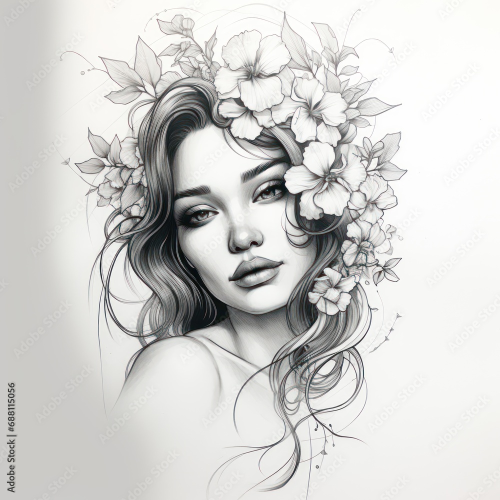 Sketch for a tattoo. Pencil drawing of a beautiful girl