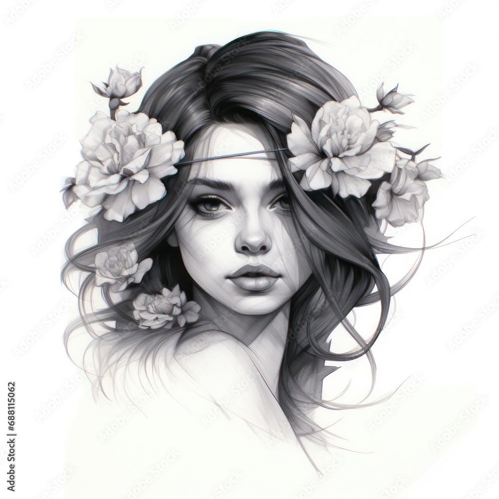 Sketch for a tattoo. Pencil drawing of a beautiful girl Sketch for a tattoo. Pencil drawing of a beautiful girl