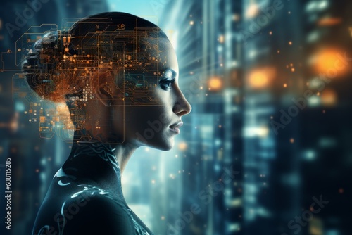 conceptual of artificial intelligence business smart person conbine with data code ai futuristic diagram gui hud double exposure with business woman shown in abstract people with futuristic graphic photo