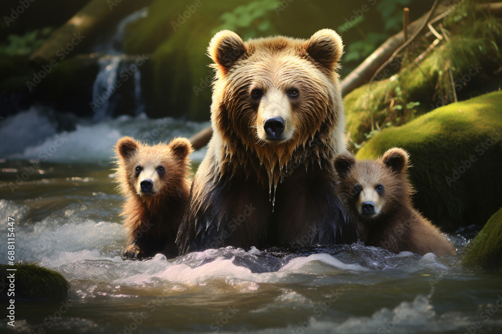 Obraz premium brown bear in the lake || brown bear in water || brown bear in water with their children || A Brown Bear with 2 spring cubs