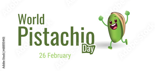 A fun and cheerful pistachio with arm up to celebrate the World Pistachio Day celebrated on February 26th, green and brown tones on white background.