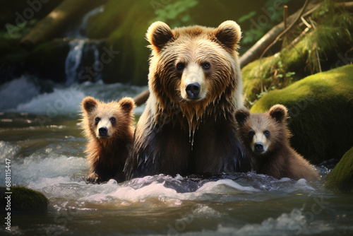 brown bear in the lake    brown bear in water    brown bear in water with their children    A Brown Bear with 2 spring cubs © Hamzi Imaginations