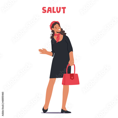 Female Character Elegantly Saying Salut. Woman With A Warm Smile, Extends A Friendly French Greeting Vector Illustration
