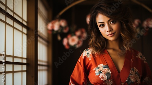 Woman in Kimono Poses Gracefully in Front of Window
