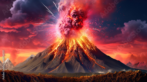 Volcano eruption, volcanic eruption with lava going down © hassanmim2021