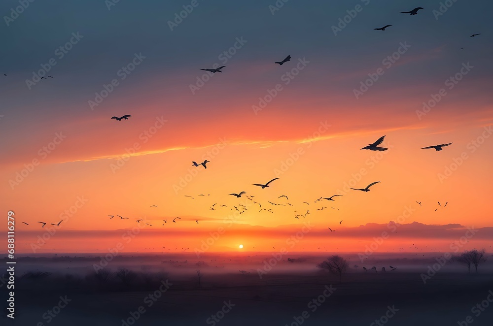 Birds flying at sunsets