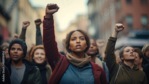 Women's Day. Group of united multiracial multicultural women claiming their power in the streets Generative AI