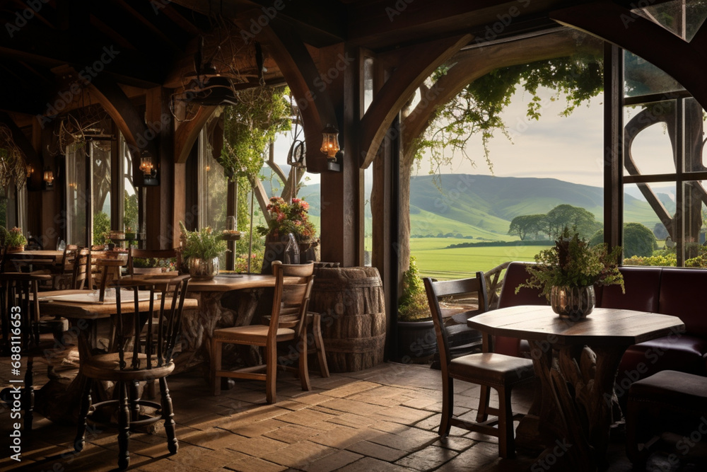 Fototapeta premium table and chairs in a restaurant || table and chairs in a mountain hotels || Vacation, travel and trip concept