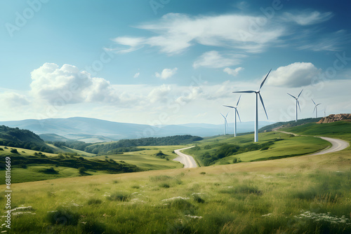 A captivating photograph of a wind farm in a sunny green landscape, where elegant turbines harness nature's breath to embrace the promise of renewable energy,