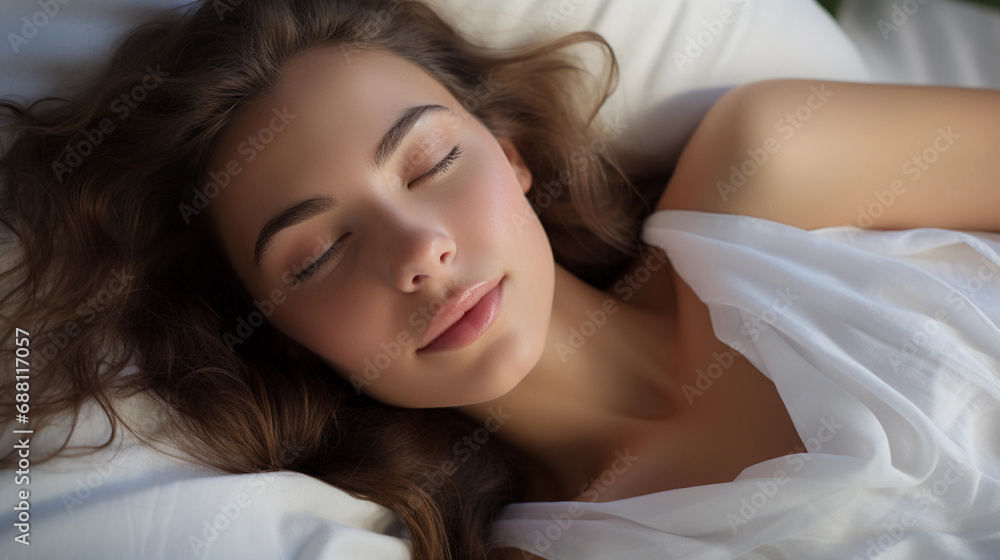 Serenity and Quietude Captured: Person Sleeping Peacefully on a White Pillow in Detail Serenity and Quietude Captured: Person Sleeping Peacefully on a White Pillow in Detail