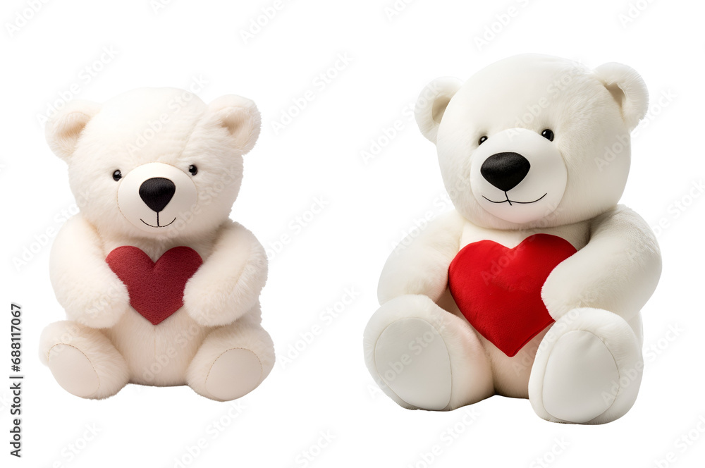 Stuffed fluffy plushie animal toy: cutout set of a polar bear with a red heart, Isolated on Transparent Background, PNG Stuffed fluffy plushie animal toy: cutout set of a polar bear with a red heart, Isolated on Transparent Background, PNG