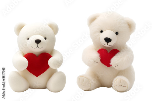 Red heart in the paws of a polar bear: cutout set of stuffed fluffy plushie animal toy, Isolated on Transparent Background, PNG