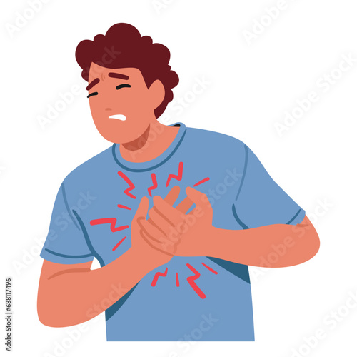 Young Man Grimaces In Agony, Clutching His Chest In Severe Pain, A Telltale Sign Of A Heart Attack. Distress Etches