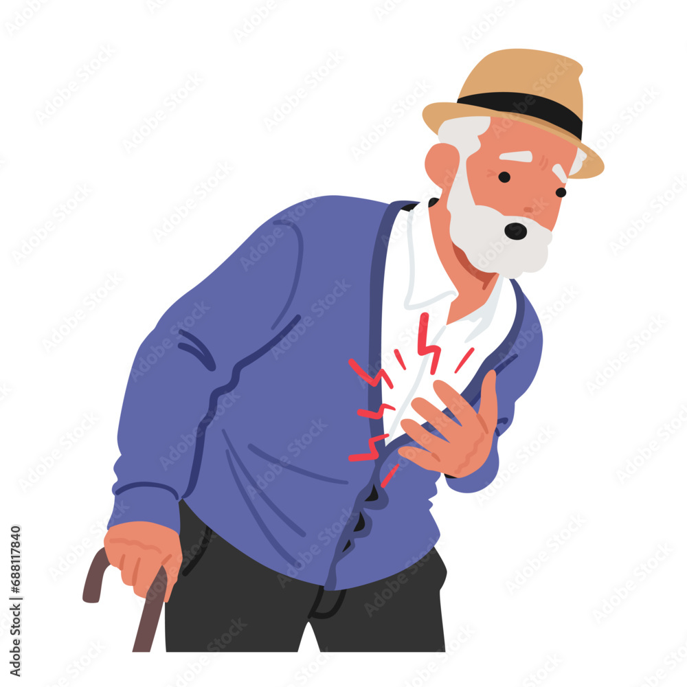 Senior Man Clutches His Chest In Agony, Face Contorted With Pain, Experiencing Heart Attack. The Severity Of Chest Pain Senior Man Clutches His Chest In Agony, Face Contorted With Pain, Experiencing Heart Attack. The Severity Of Chest Pain