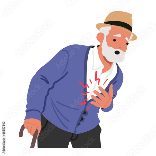 Senior Man Clutches His Chest In Agony, Face Contorted With Pain, Experiencing Heart Attack. The Severity Of Chest Pain