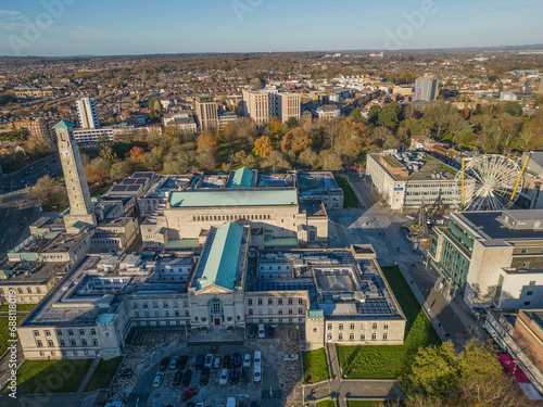 Southampton City Council building and Sea Museum clock tower in autumn aerial
