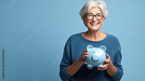 Cheerful senior woman holding a piggy bank, symbolizing savings and financial security in retirement.