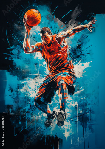 Turquoise Slam: A vibrant pop art depiction of a basketball player in dynamic motion, capturing energy and athleticism. Generated AI.