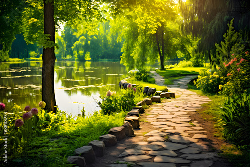 Wonderful colorful summer spring characteristic scene with a lake in Stop encompassed by green foliage of trees in daylight and stone was in frontal area photo