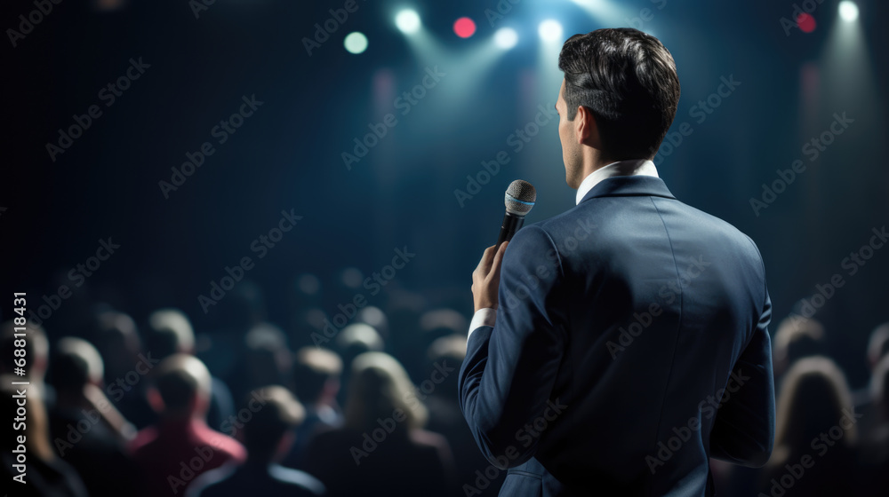 Man in a suit speaking into a microphone in front of an audience in a dark auditorium. Man in a suit speaking into a microphone in front of an audience in a dark auditorium.