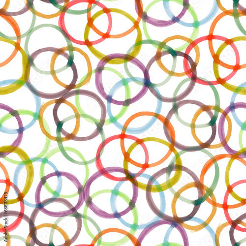 Colorful watercolor circles, rings - real water paint on white paper in many strokes and technique of a brush, Hand Paint on seamless abstract pattern of circle shapes