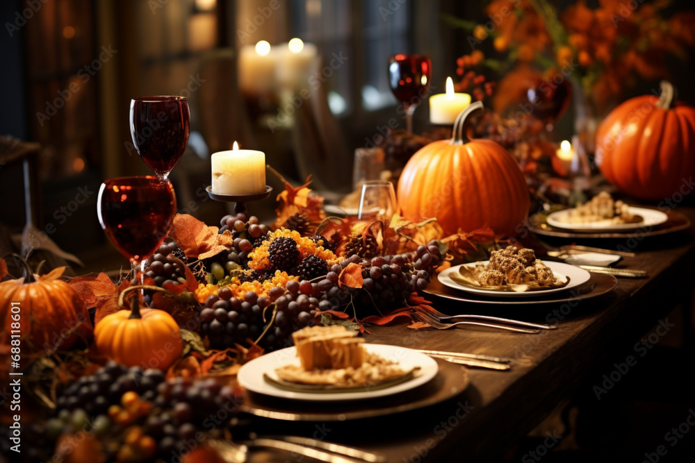 thanksgiving day dinner, thanksgiving table setting, Fall table setting for celebration Thanksgiving or Friendsgiving day, family party.