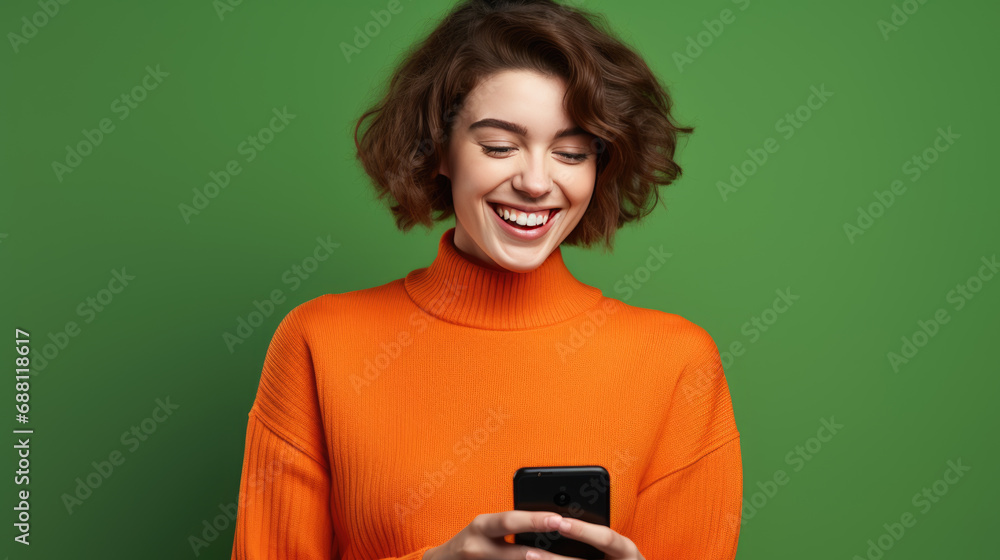 Happy smiling young woman is using her smartphone against green background Happy smiling young woman is using her smartphone against green background