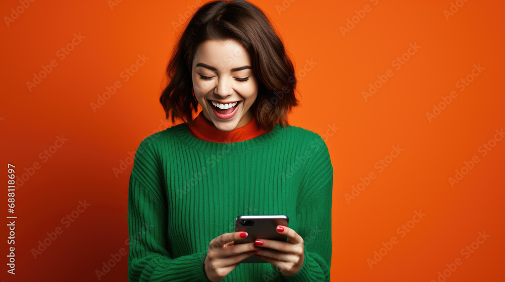 Happy smiling young woman is using her smartphone against orange background Happy smiling young woman is using her smartphone against orange background