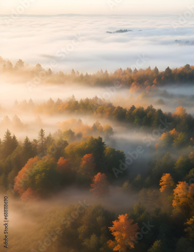 Early morning sunrise in foggy forest. © Natasa