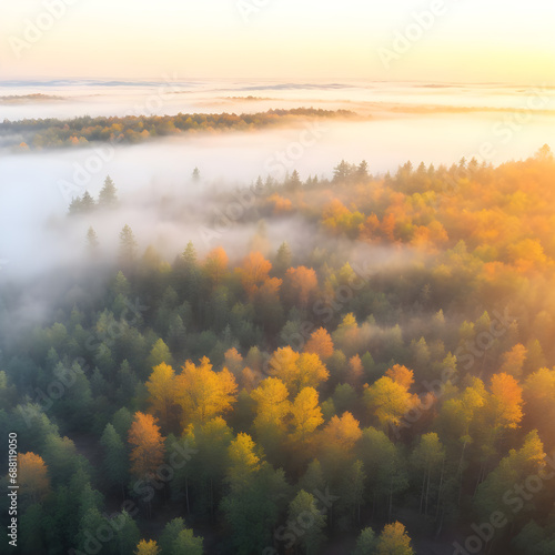 Foggy forest - autumn fall foggy fall sunrise drone shot © Natasa