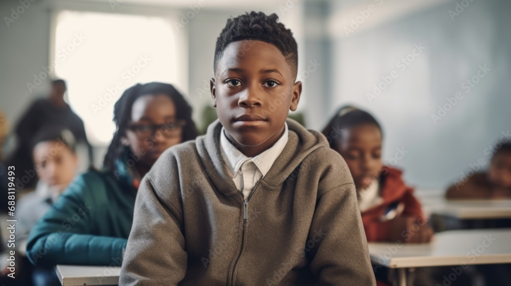 Captured in a moment of solitude, a sad adolescent boy sits at a table in an empty classroom, his gaze meeting the camera. Captured in a moment of solitude, a sad adolescent boy sits at a table in an empty classroom, his gaze meeting the camera.