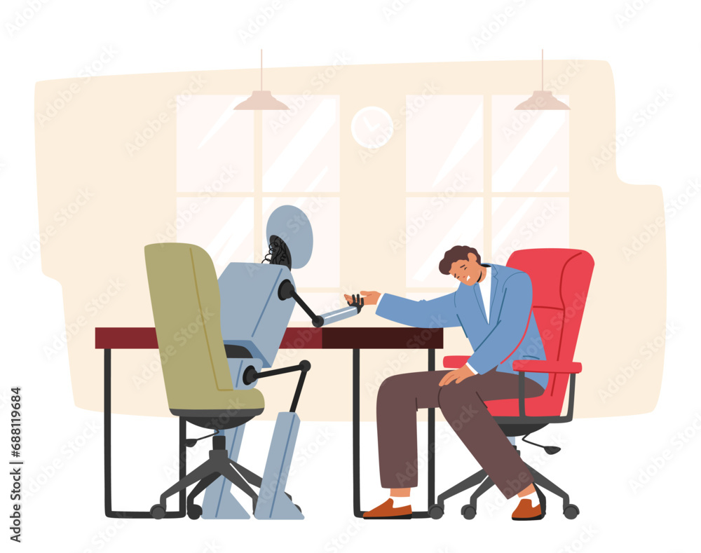 Character Robot Vs Human, Artificial Intelligence Concept. Man Fights With Modern Android Cyborg On The Arm Wrestling Character Robot Vs Human, Artificial Intelligence Concept. Man Fights With Modern Android Cyborg On The Arm Wrestling