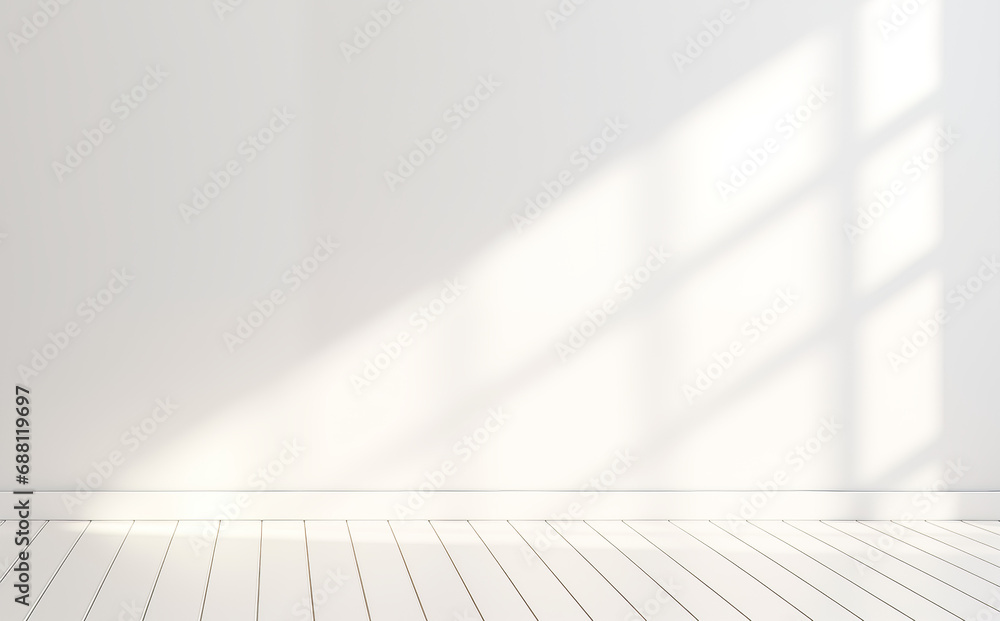Beautiful versatile backdrop for design and product presentation with white wall, light reflections and wooden floor. Beautiful versatile backdrop for design and product presentation with white wall, light reflections and wooden floor.