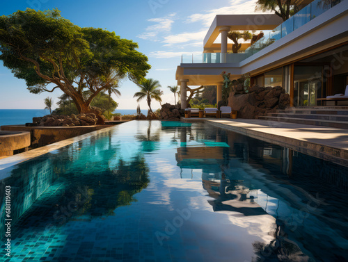 Luxurious infinity pool at a tropical resort, capturing the seamless blend of the pool's edge with the ocean horizon, tranquil and mesmerizing © bluebeat76