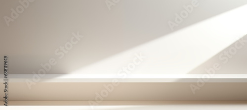 Universal minimalistic background for product presentation. White empty shelf on a light white wall.