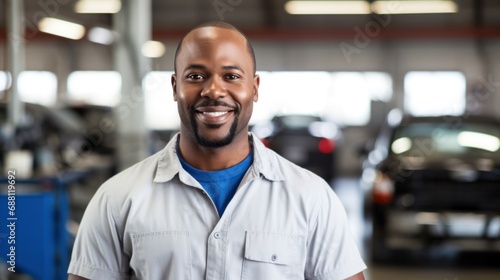 Smiling car professional strikes a confident pose in the repair garage.