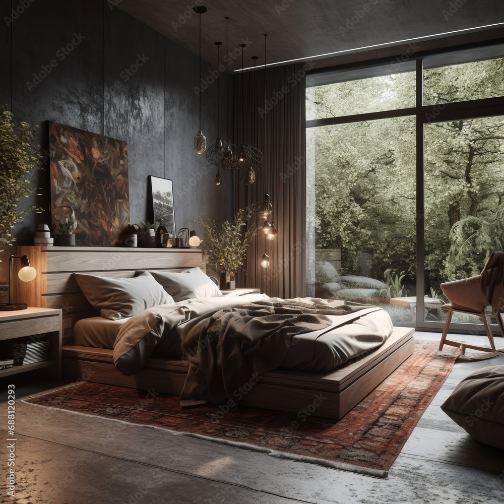 Interior of bedroom with bedroom with access to the garden in modern house. Interior of bedroom with bedroom with access to the garden in modern house.