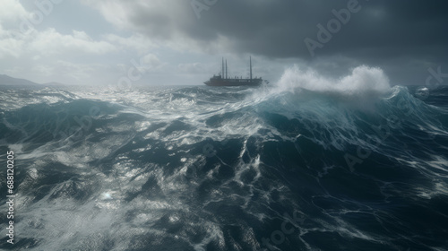 Ship. Storm at sea and ocean. Ocean waves. Big waves. 