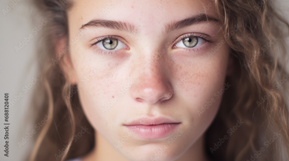 Authentic expression of a teen with imperfect skin against a beige backdrop. Authentic expression of a teen with imperfect skin against a beige backdrop.