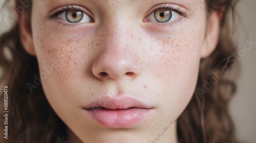 Closeup portrait emphasizing imperfect skin against a neutral studio setting.