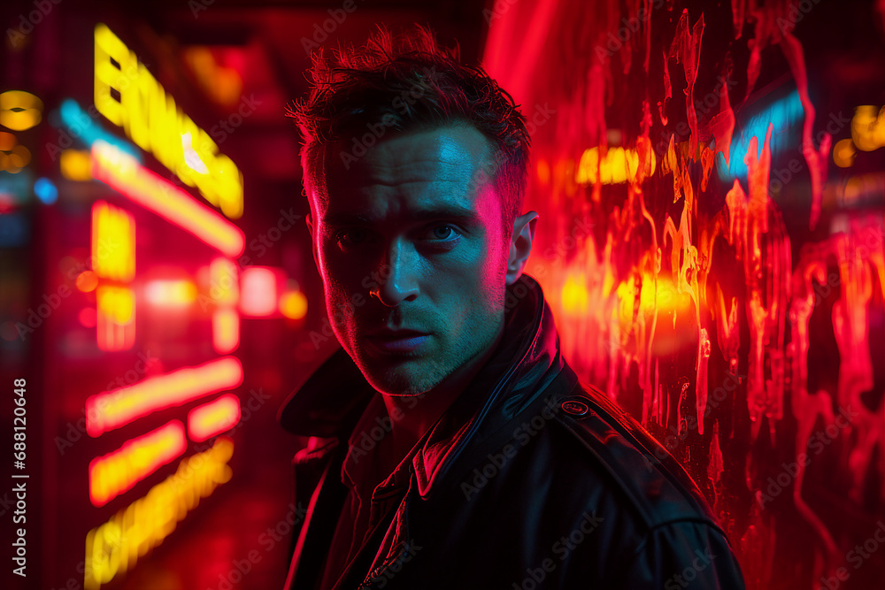 Generative AI image of happy man walking in evening illuminated city neon lights colors Generative AI image of happy man walking in evening illuminated city neon lights colors