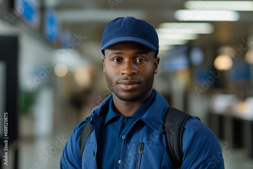Made with generative AI technology image of black man in uniform working as postman in the warehouse