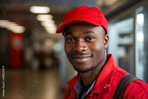 Generative AI picture of black man postman in uniform delivering parcel mail post to customer