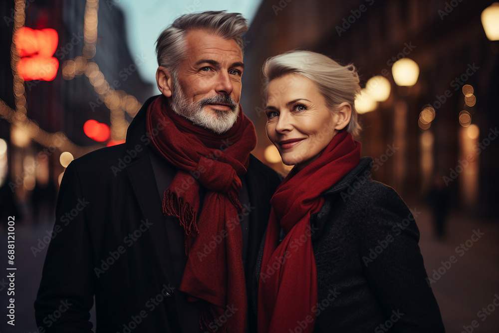 Generative AI portrait of senior handsome couple traveling winter time city christmas advent