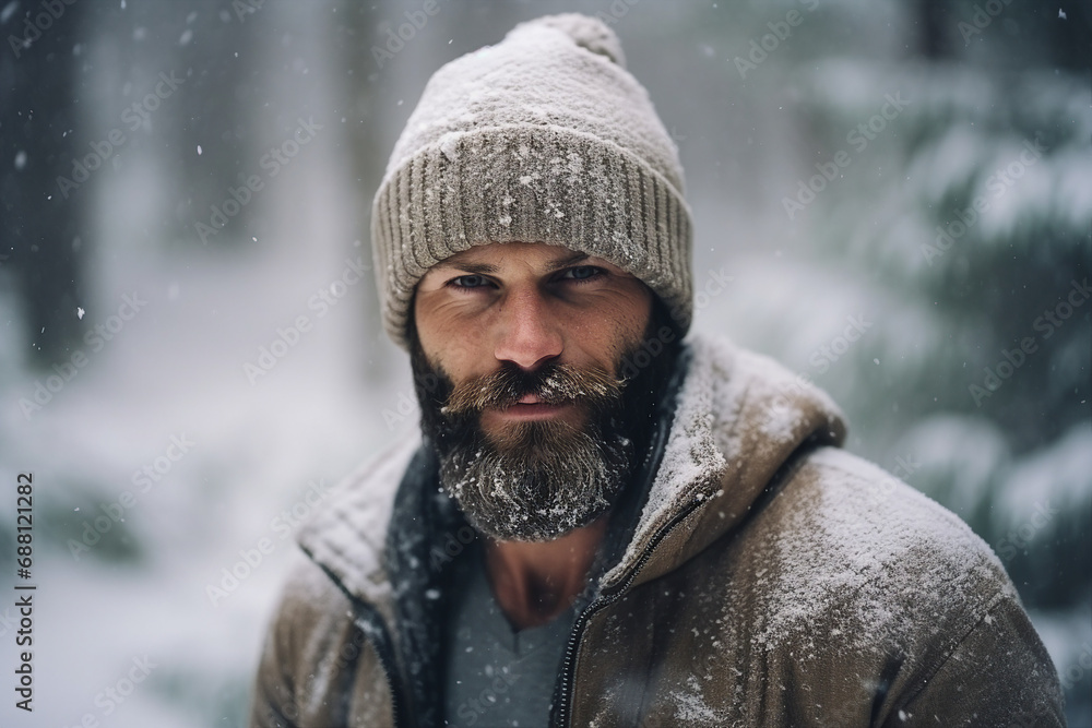 Fototapeta premium Bearded man guy enjoying wonderful winter weather snowy forest hiker Generative AI