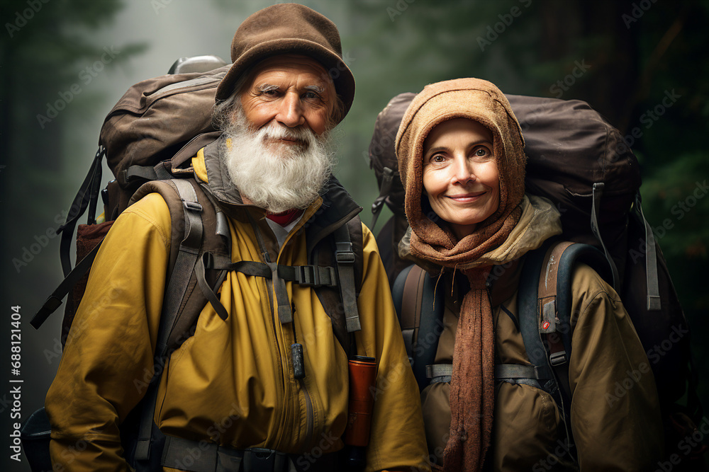 Fototapeta premium Generative ai picture portrait of beautiful cheerful people married pensioners traveling together