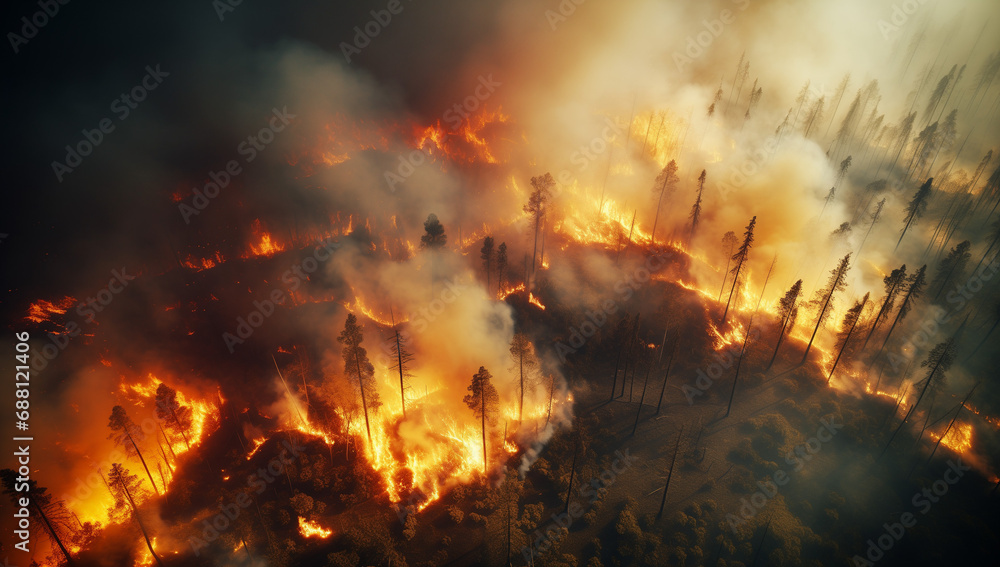 Intense Wildfire Engulfing the Forest in a Blaze of Flames and Smoke, a Devastating Force of Nature Captured in a Gripping Image of Environmental Impact and the Urgency for Conservation Efforts