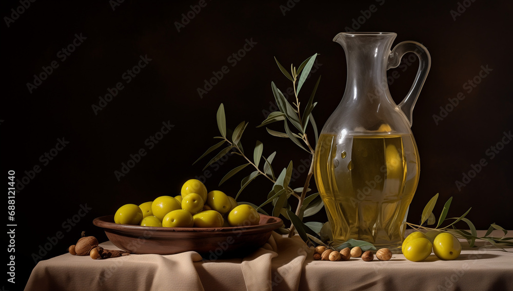 A pitcher with olive oil, a ceramic plate with olives and a branch of the olive tree on a rustic wooden table, representing the healthy Mediterranean cuisine A pitcher with olive oil, a ceramic plate with olives and a branch of the olive tree on a rustic wooden table, representing the healthy Mediterranean cuisine