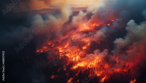 Intense Wildfire Engulfing the Forest in a Blaze of Flames and Smoke  a Devastating Force of Nature Captured in a Gripping Image of Environmental Impact and the Urgency for Conservation Efforts