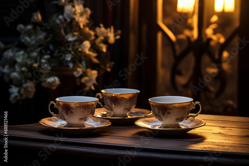 Cozy Cafe Ambiance: Porcelain Teacups Filled with Aromatic Tea Resting on a Wooden Table in a Serene Setting. Elegant Decor and Warm Atmosphere of a Charming Tearoom Interior